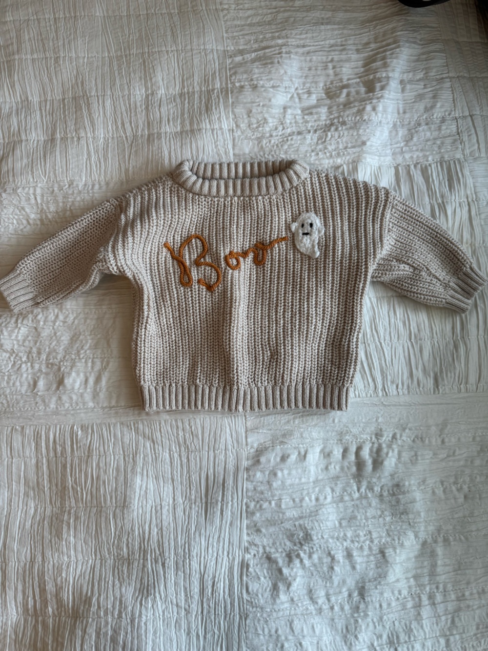 Old Navy Halloween Cream Knit Crewneck Sweater with orange Script & ghost Accent